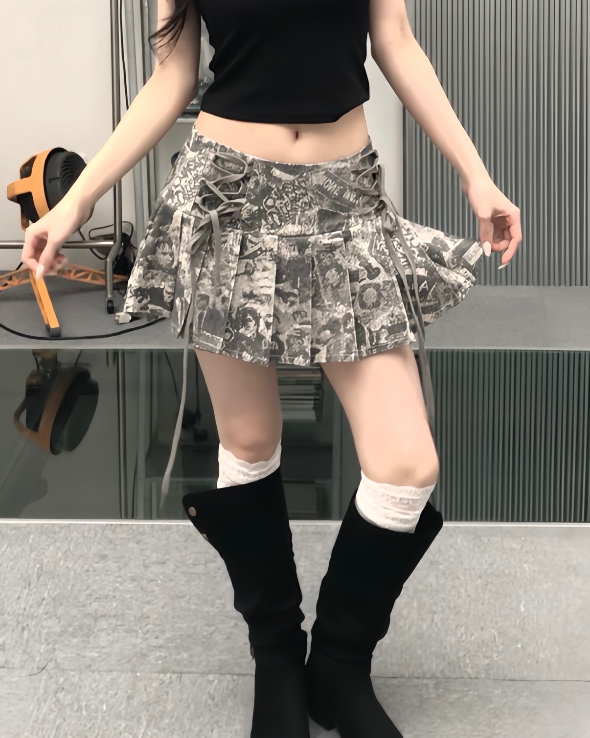 𝑷𝒐𝒏𝒚𝒐 叛逆青春💿美式低腰綁帶印花百褶短裙