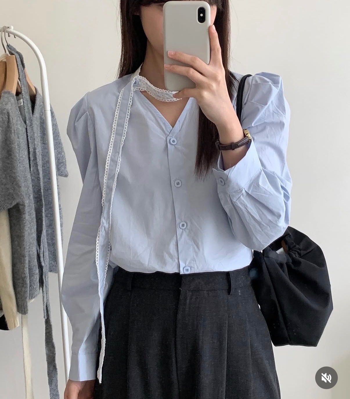 hola ohla 正韓蕾絲飄帶藍襯衫