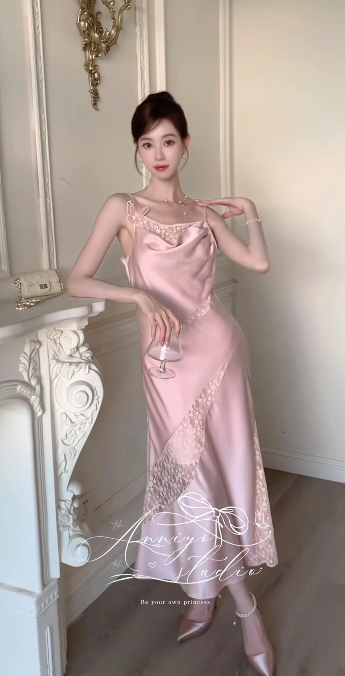 anniyo studio 廣州連線蝴蝶蕾絲緞面長洋