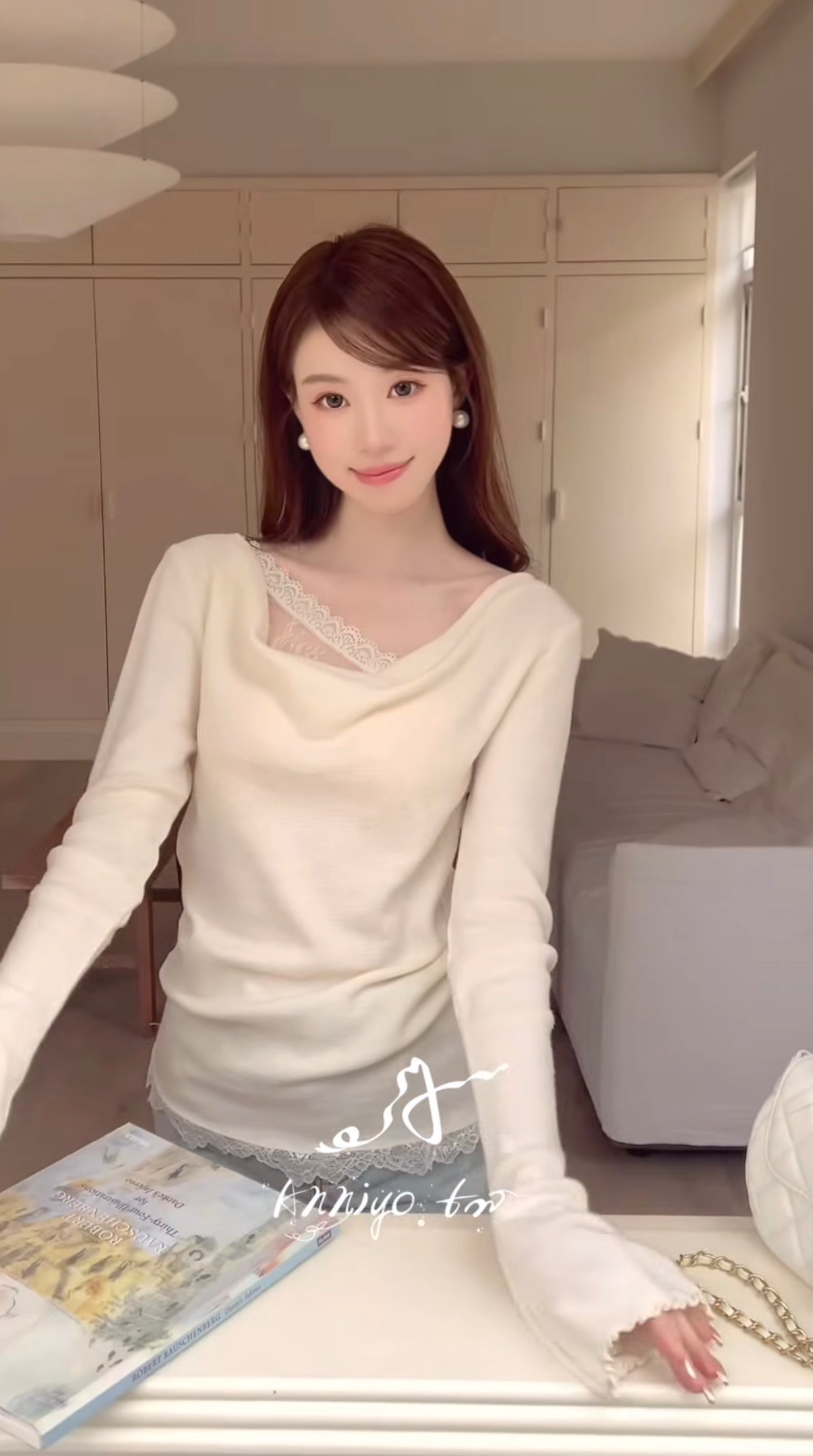 anniyo studio 廣州連線 針織蕾絲盪領上衣