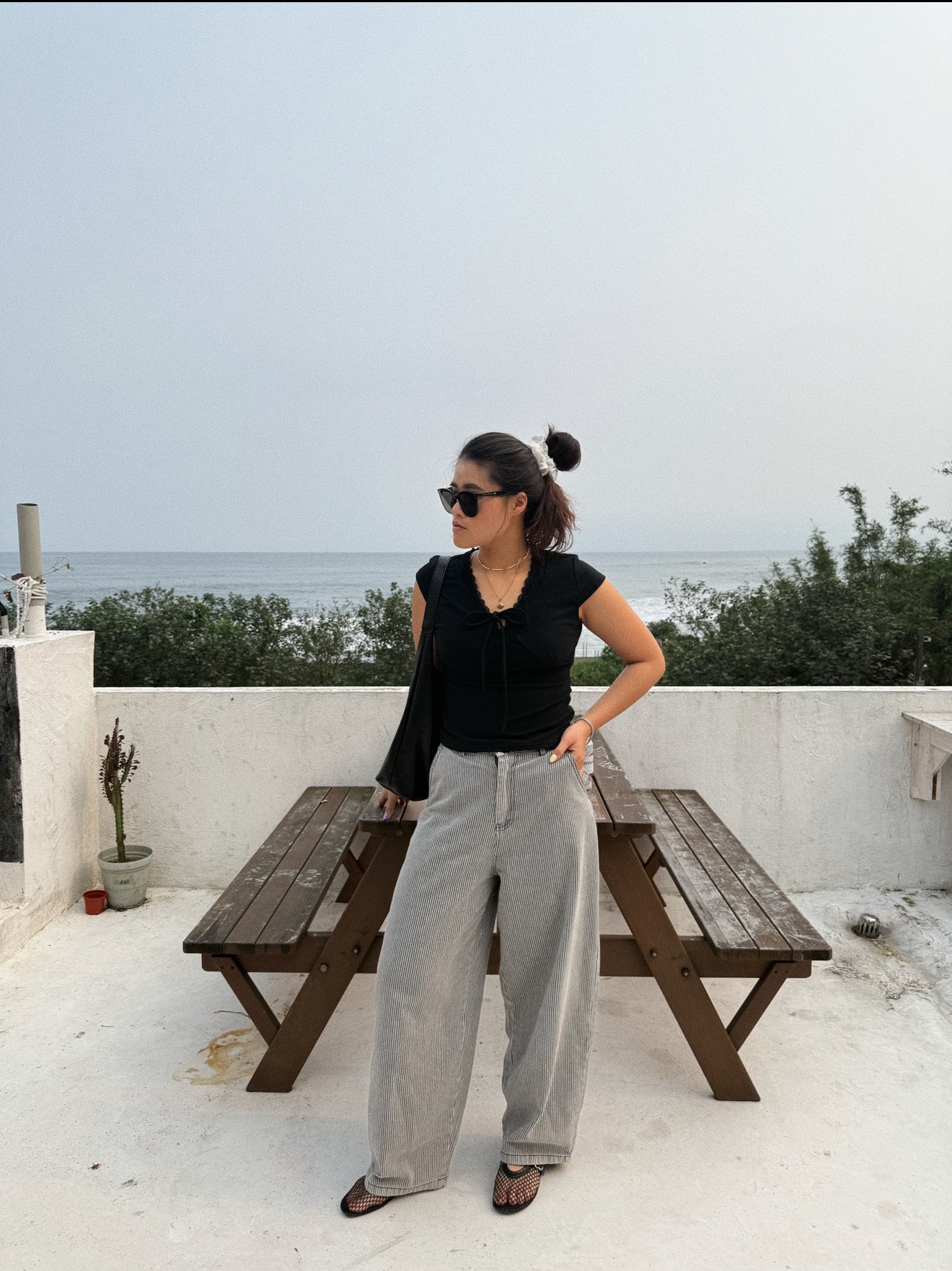 灰色直條紋氣球褲 條紋寬褲 彎刀褲