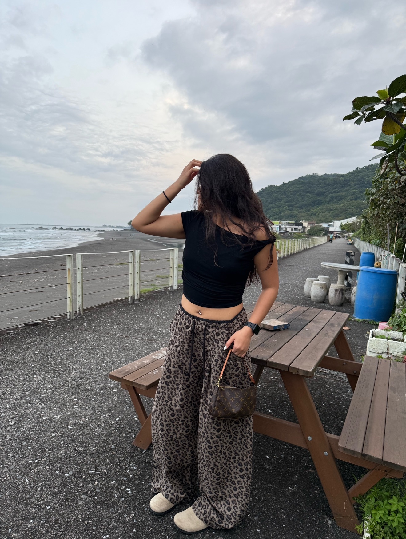 歐美復古豹紋寬褲 闊腿版型 鬆緊腰 褲頭雙色