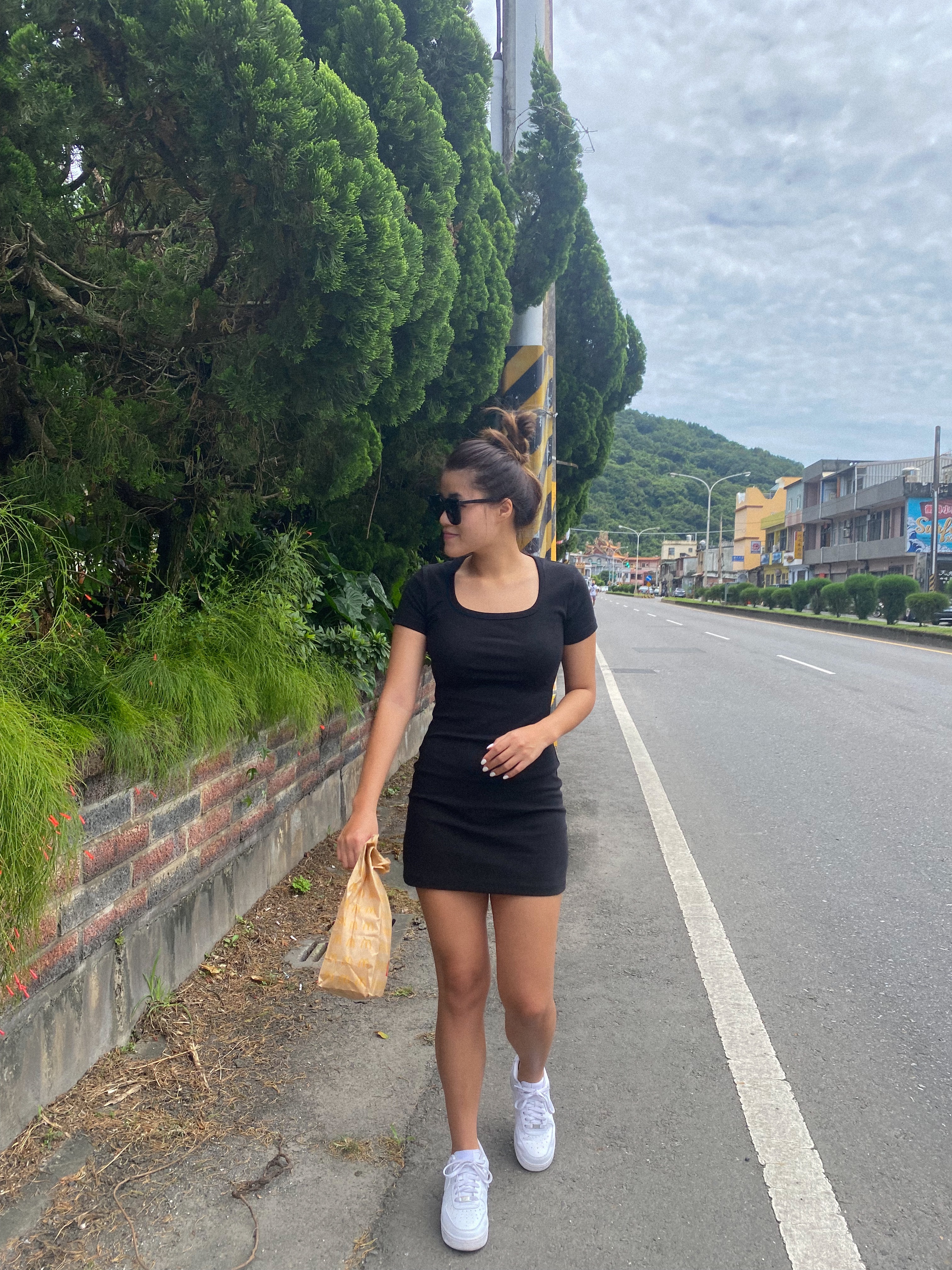 歐美方領合身身短洋 棉質彈性 日常洋裝 連身裙 合身短洋