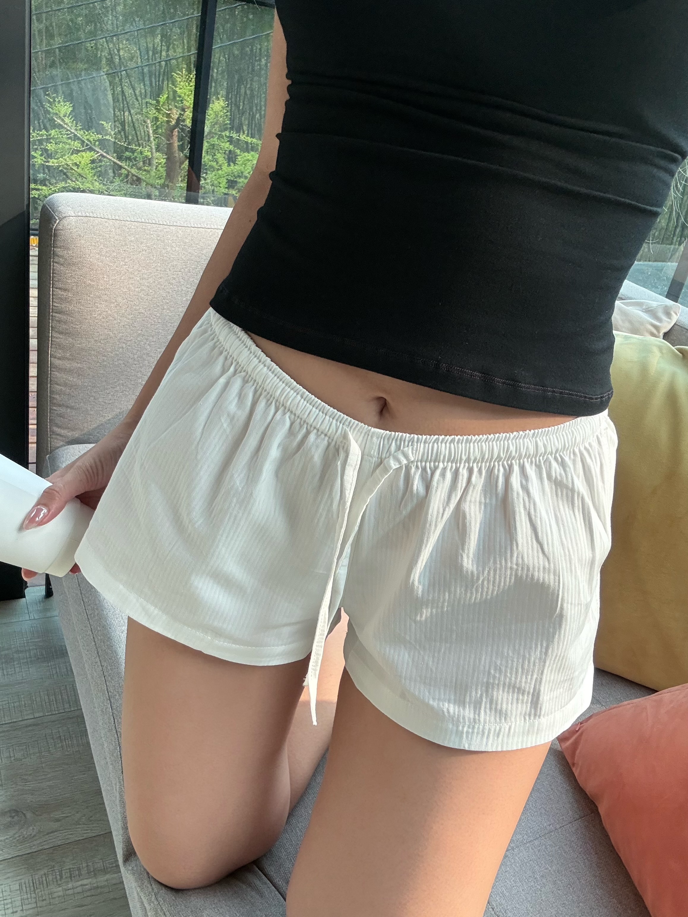 輕薄居家日常🛏️ 歐美 百搭舒適 寬鬆 低腰 細條紋 短褲