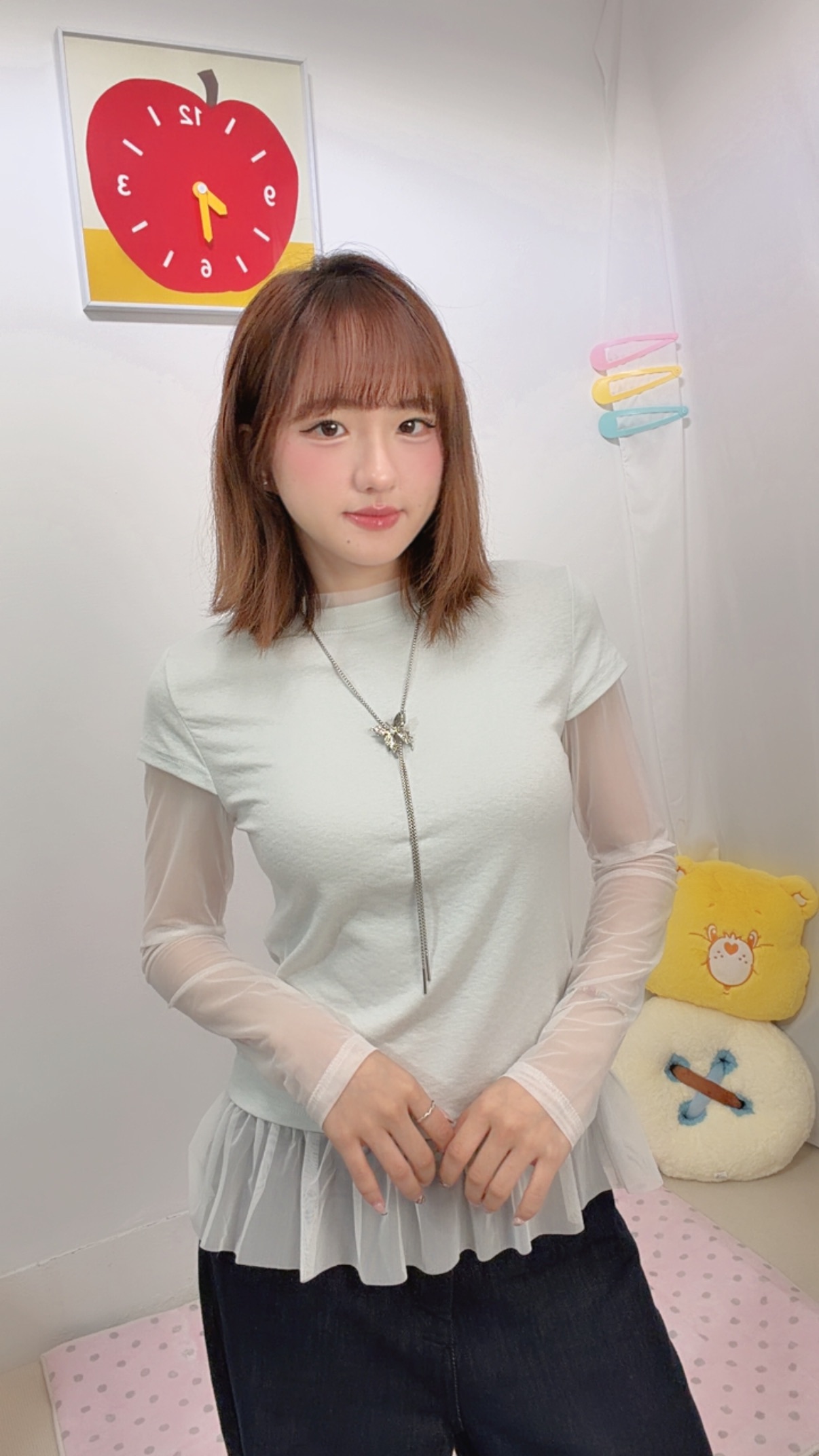［正韓］韓系清爽｜網紗拼接·假兩件圓領上衣