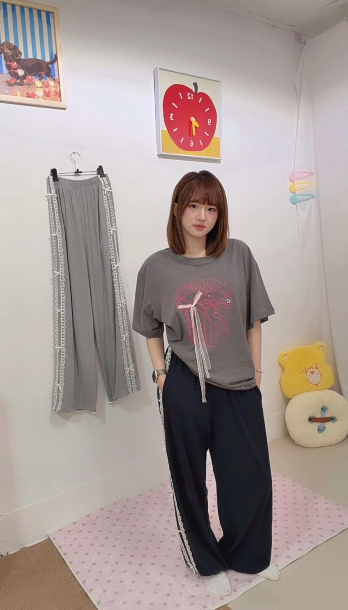 ［正韓］運動甜美｜蕾絲蝴蝶結·運動縮口長褲