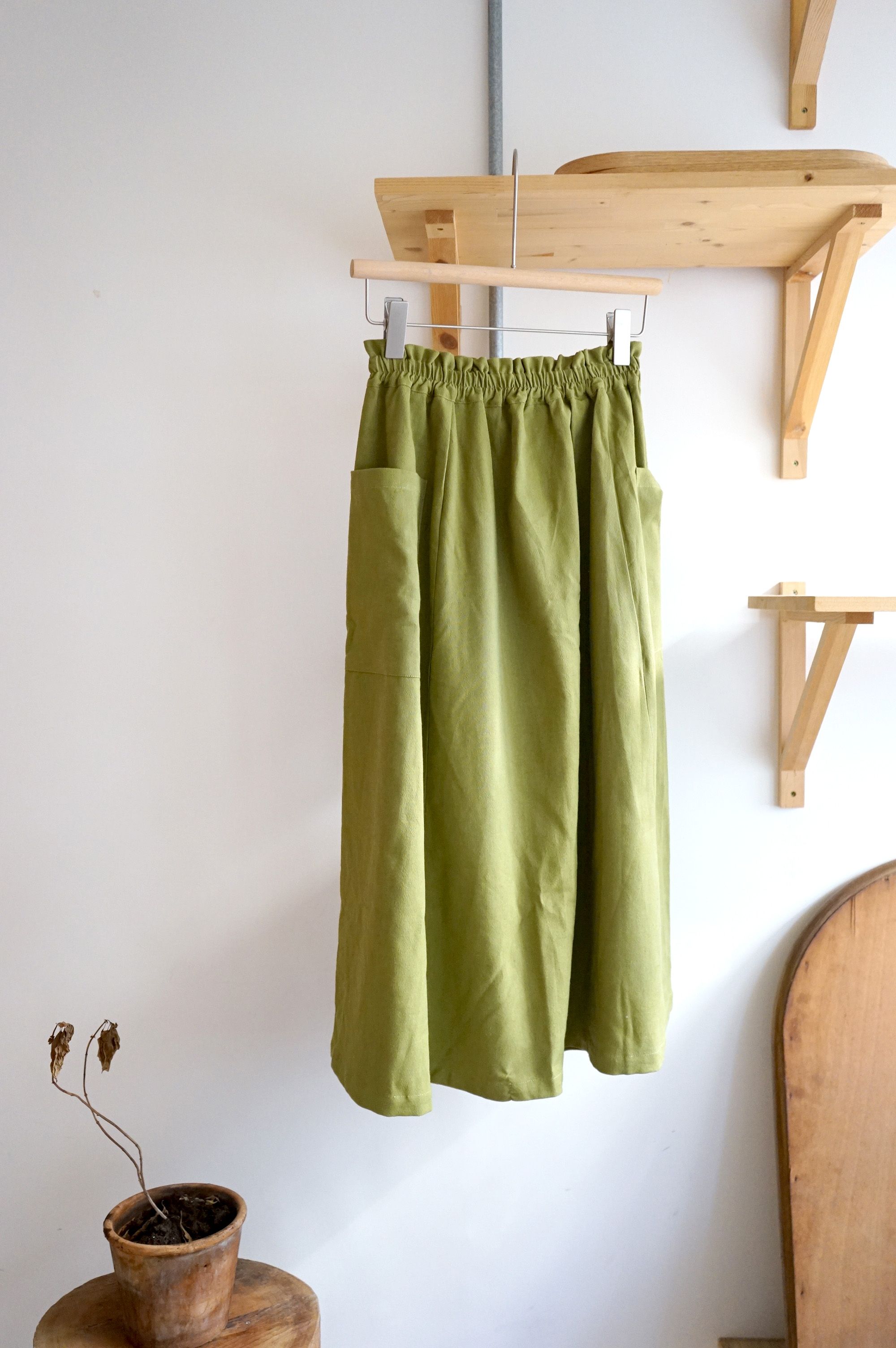 心花系列-舒服青草綠色棉麻大口袋裙