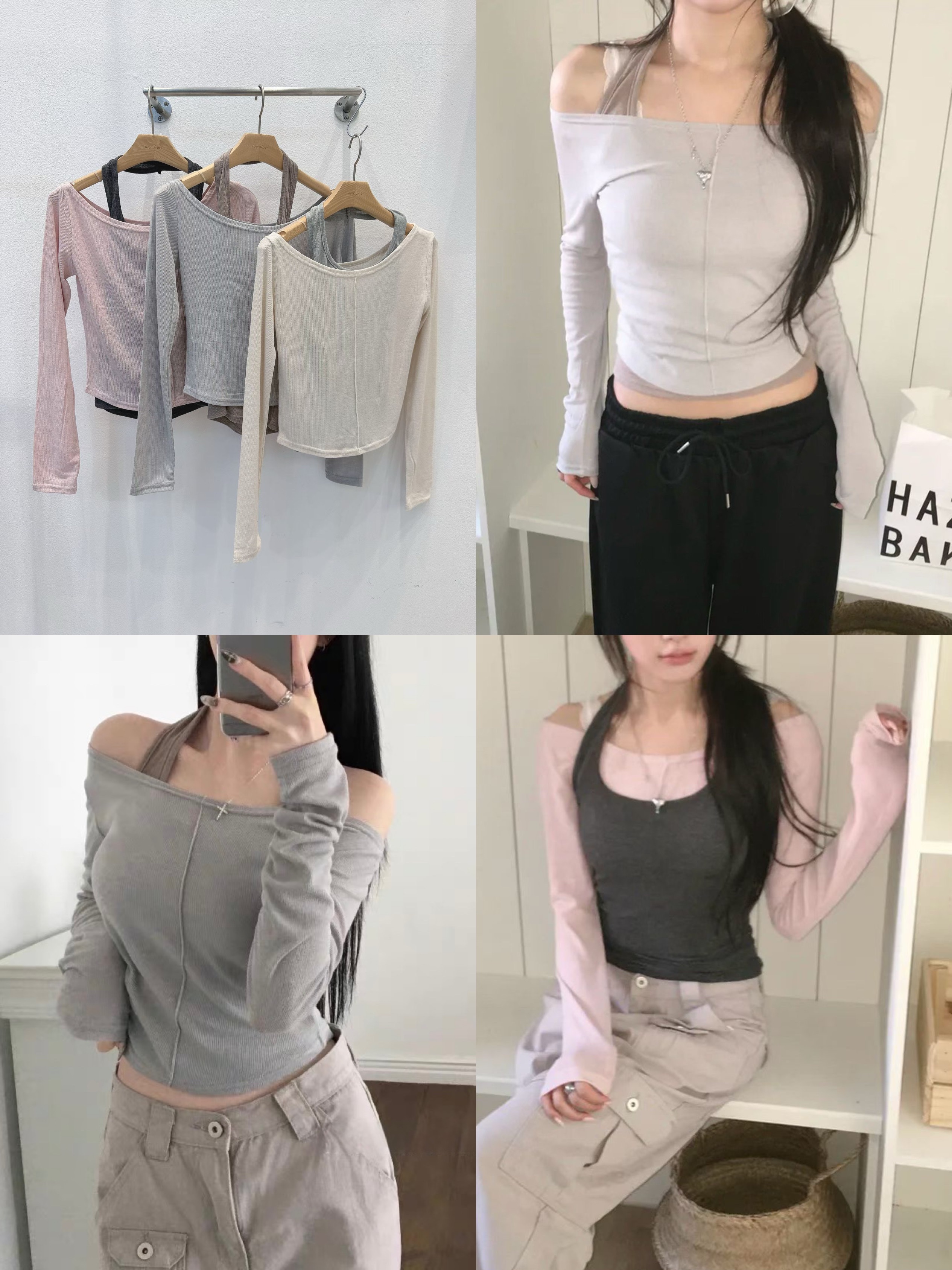 （杏+灰現貨）𝙈𝙖𝙙𝙚 𝙞𝙣 𝙆𝙤𝙧𝙚𝙖 多種穿法!層次感慵懶掛脖真兩件set（3colors）