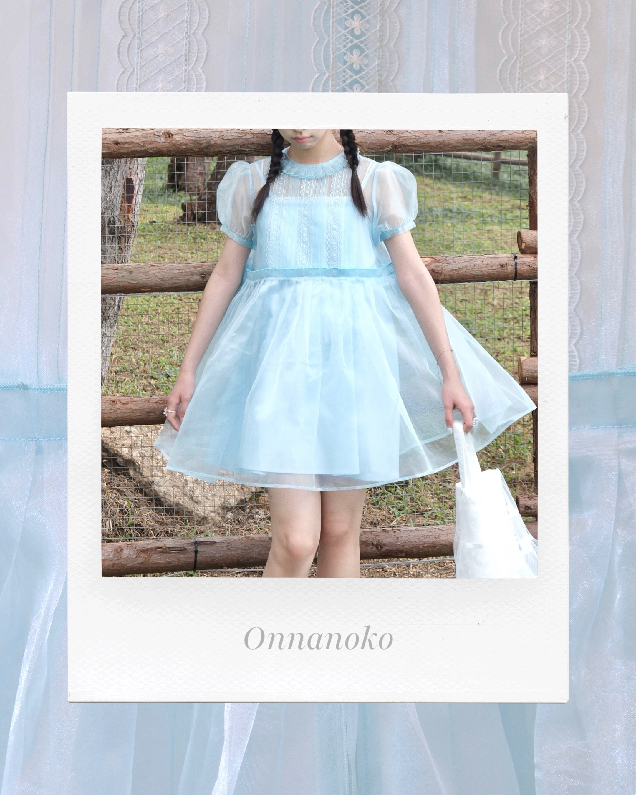 ONNANOKO / 浮光 01 — 藍霧 日系褶領柔紗蕾絲紗紗裙（配內搭）