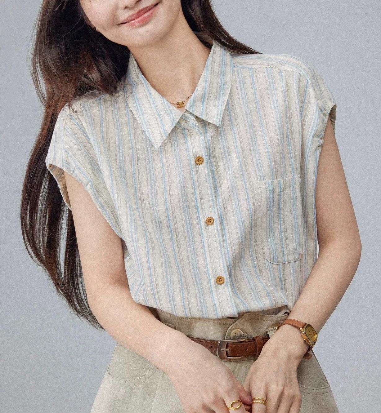棉麻寬鬆感半袖衫彩條紋短袖襯衫