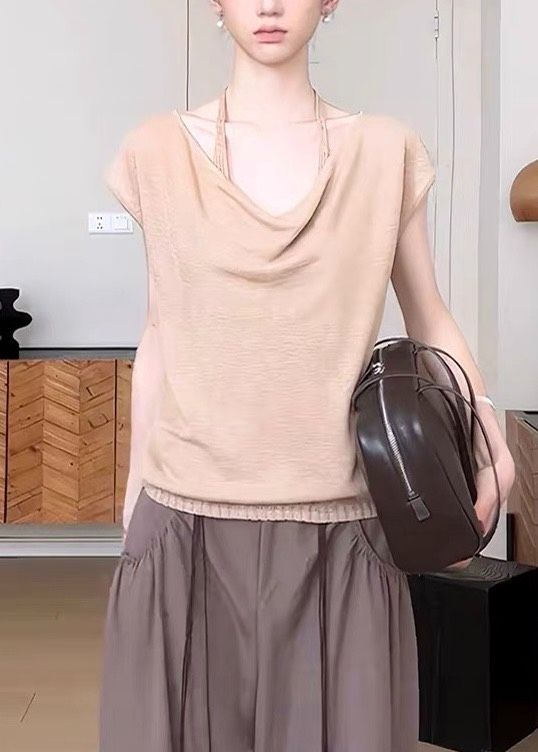 假兩件 內繞脖坑條感背心外垂墜感領子針織短袖上衣
