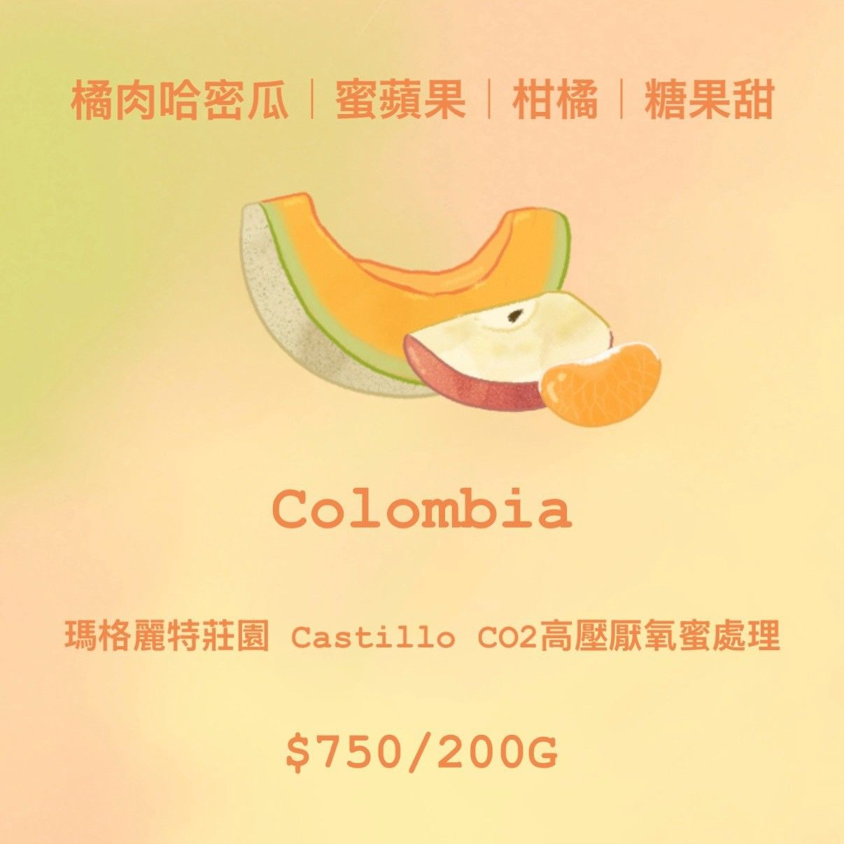 [果香]Colombia 橘肉哈密瓜 | 蜜蘋果 | 柑橘 | 糖果甜