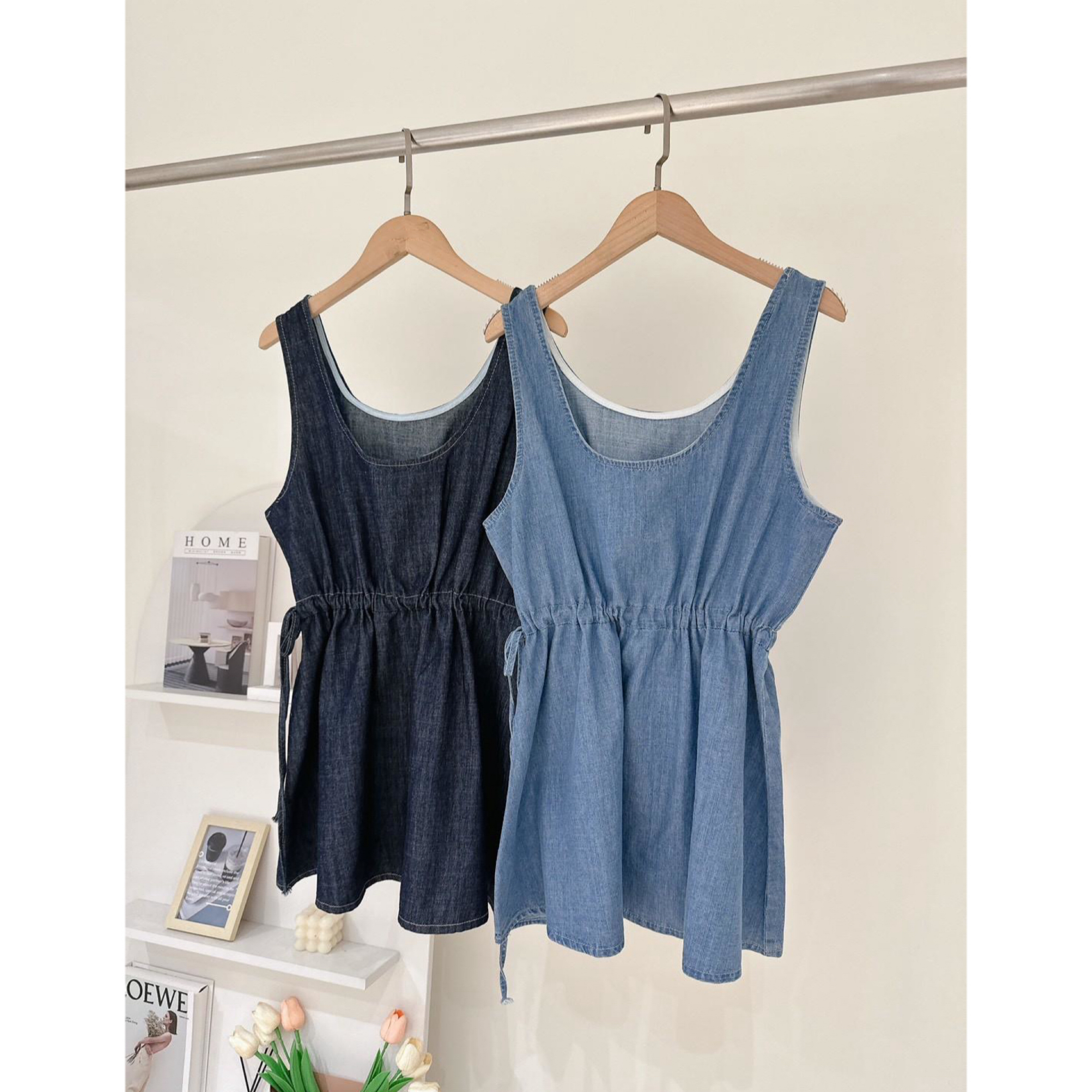 ✦抽繩長版牛仔背心