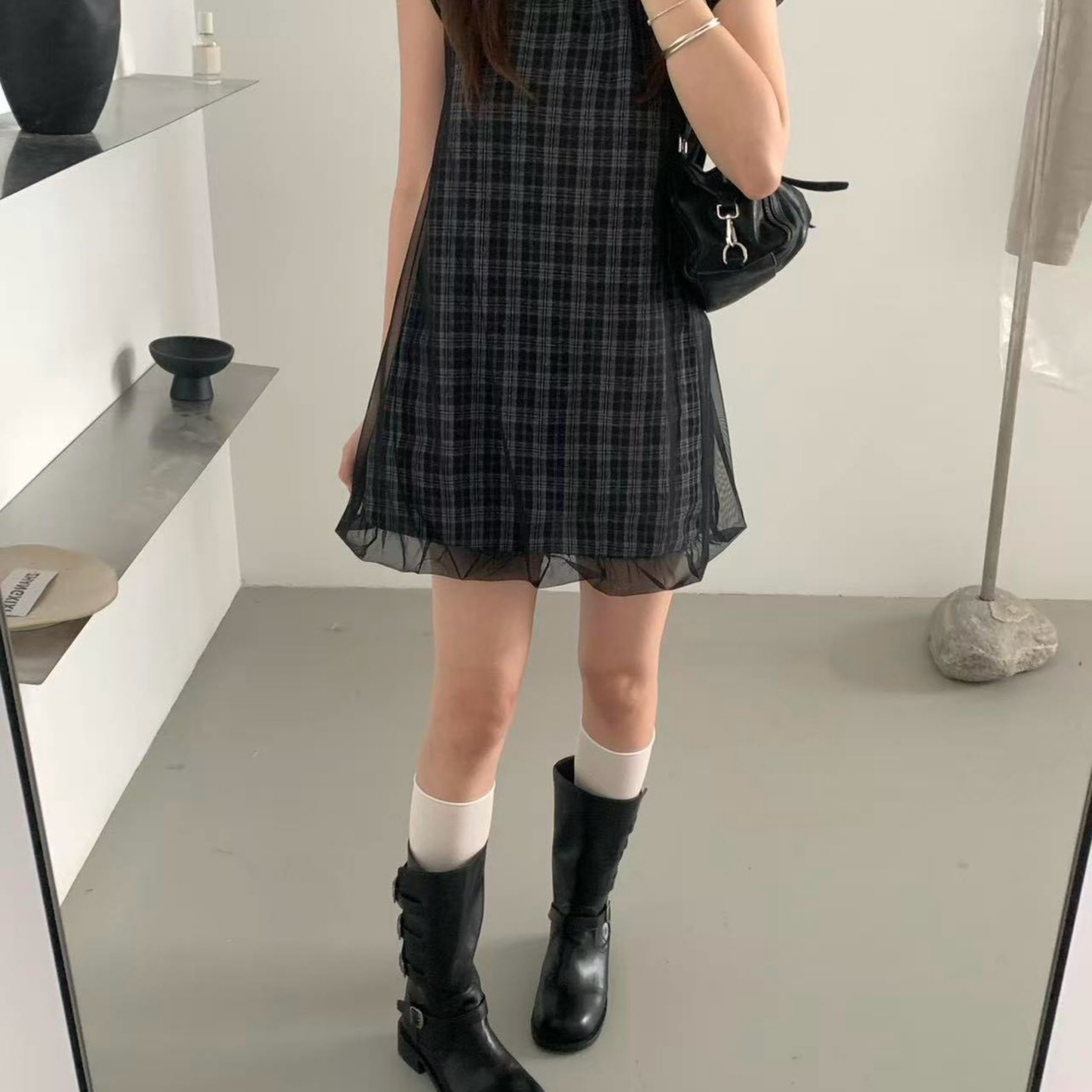 8月新品♡格紋透紗短洋