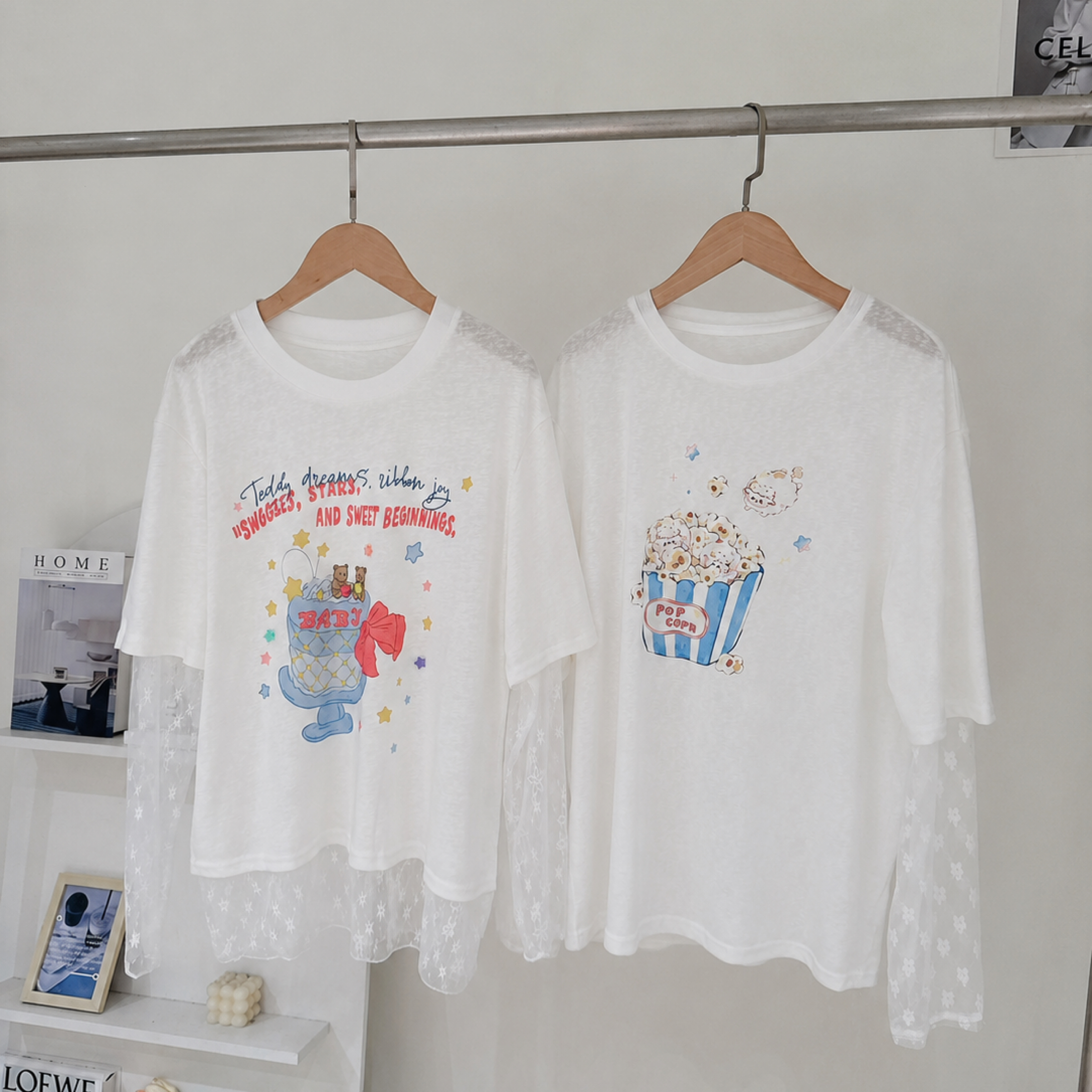 8月新品♡蕾絲袖拼接白T