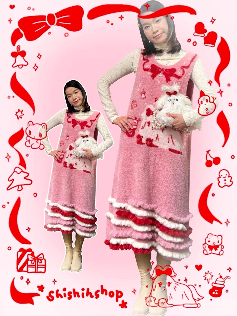 蝴蝶結粉紅白仿貂毛背心裙