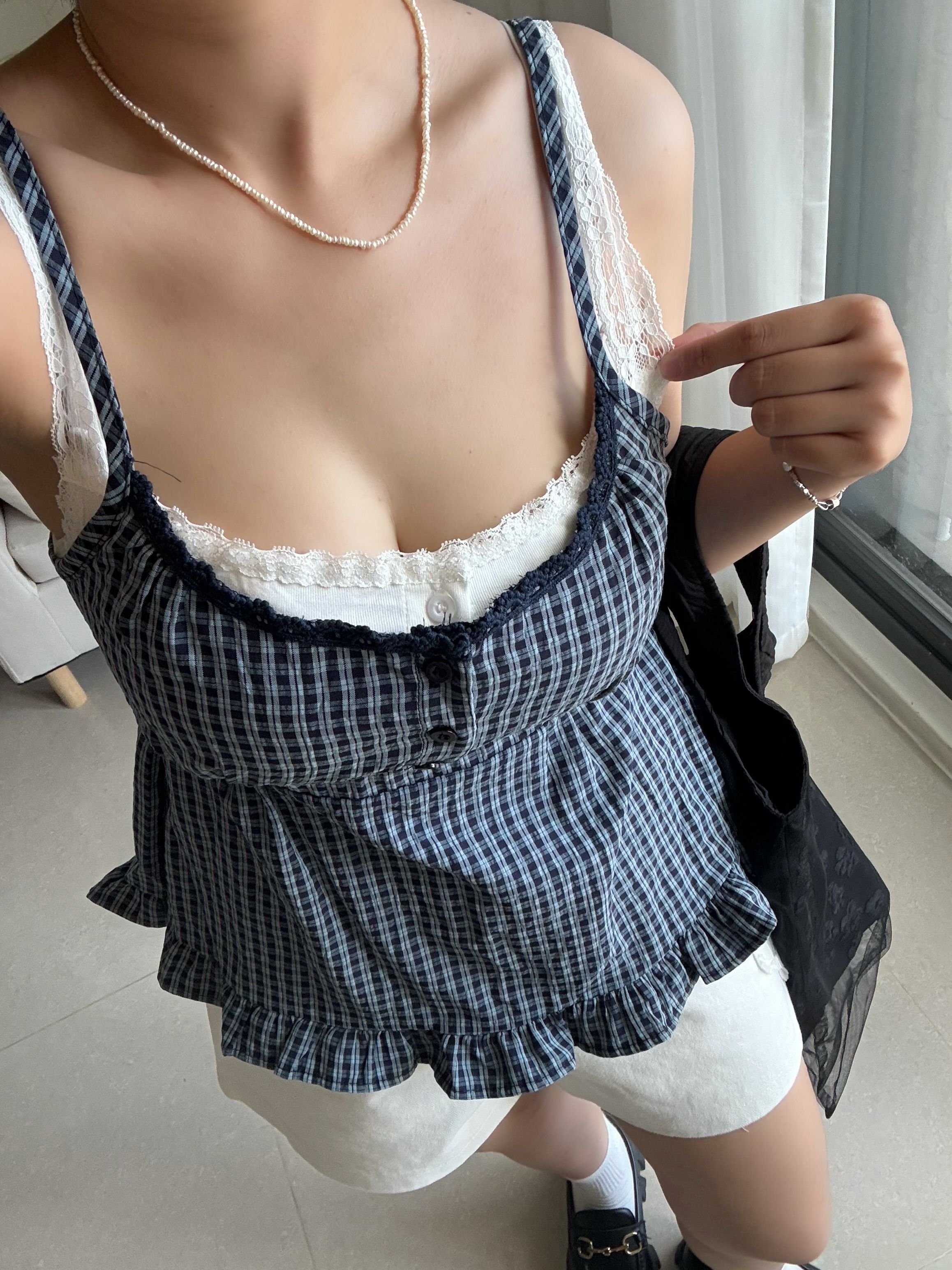 假兩件格紋花邊背心
