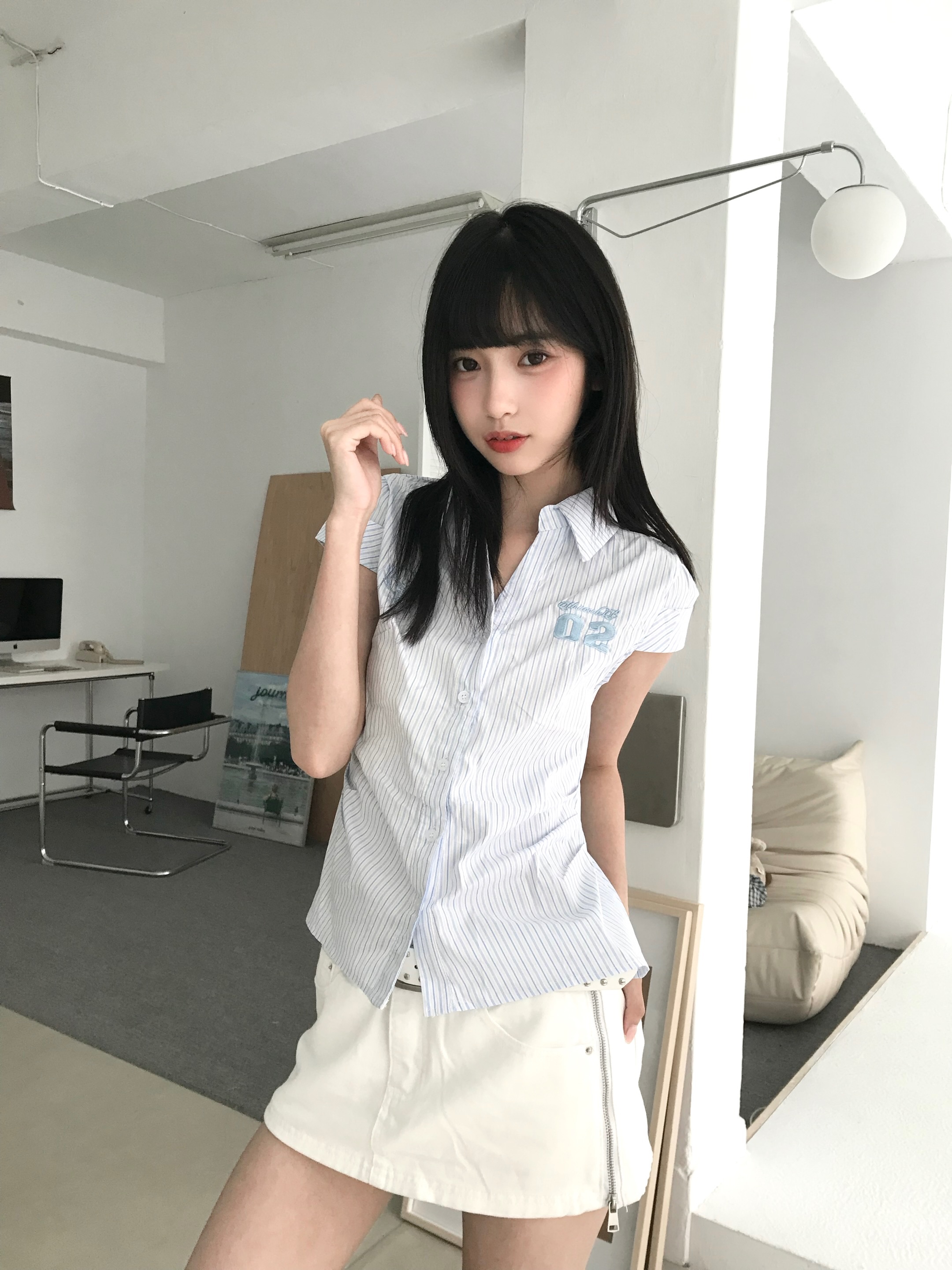 𝑷𝒐𝒏𝒚𝒐 美式數字刺繡直條短袖襯衫