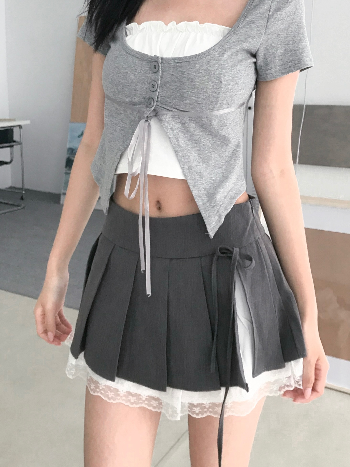 𝑷𝒐𝒏𝒚𝒐 少女風🤍拼接蕾絲百摺裙