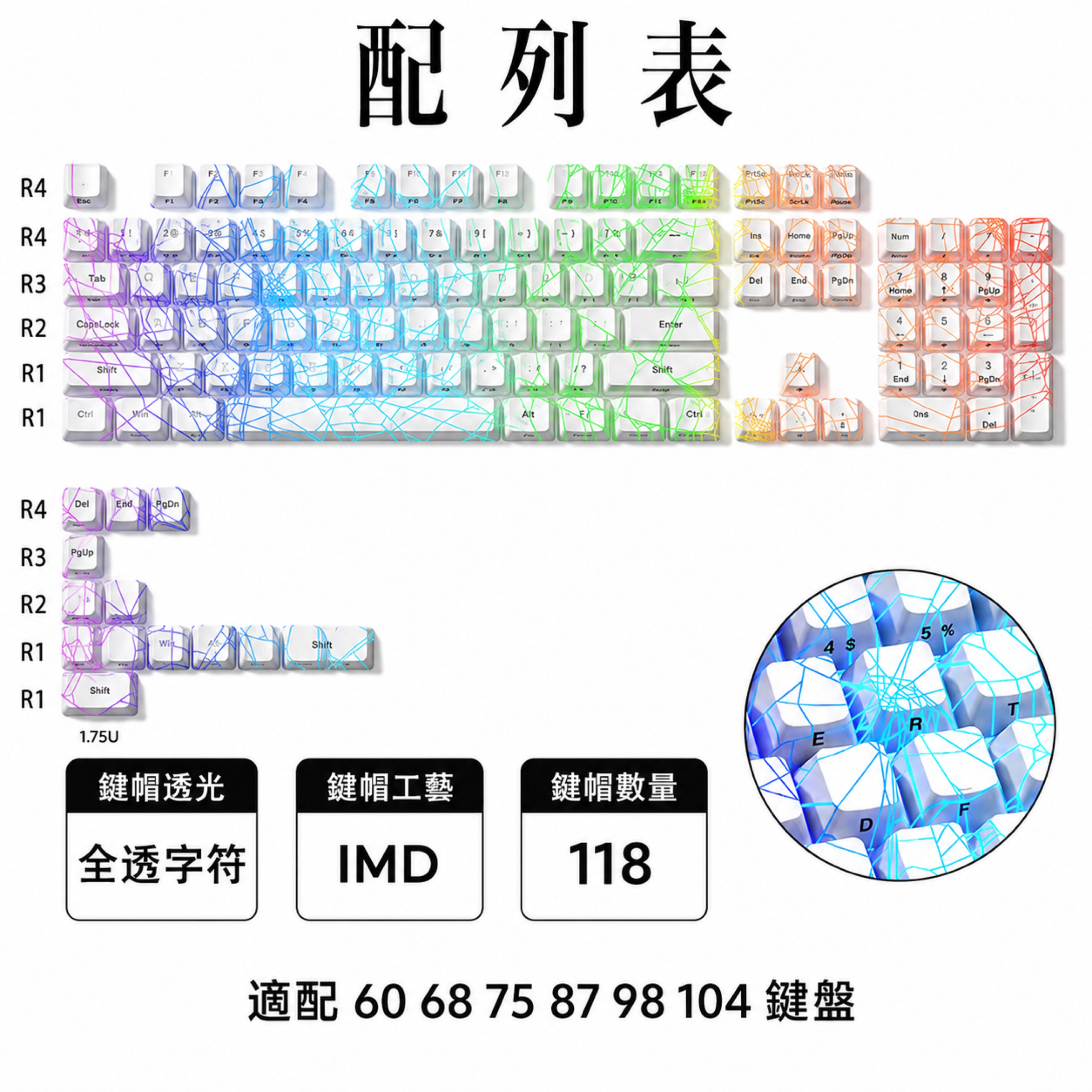 白透蜘蛛網鍵帽側刻透光客制化鍵盤帽（1-2週到貨）