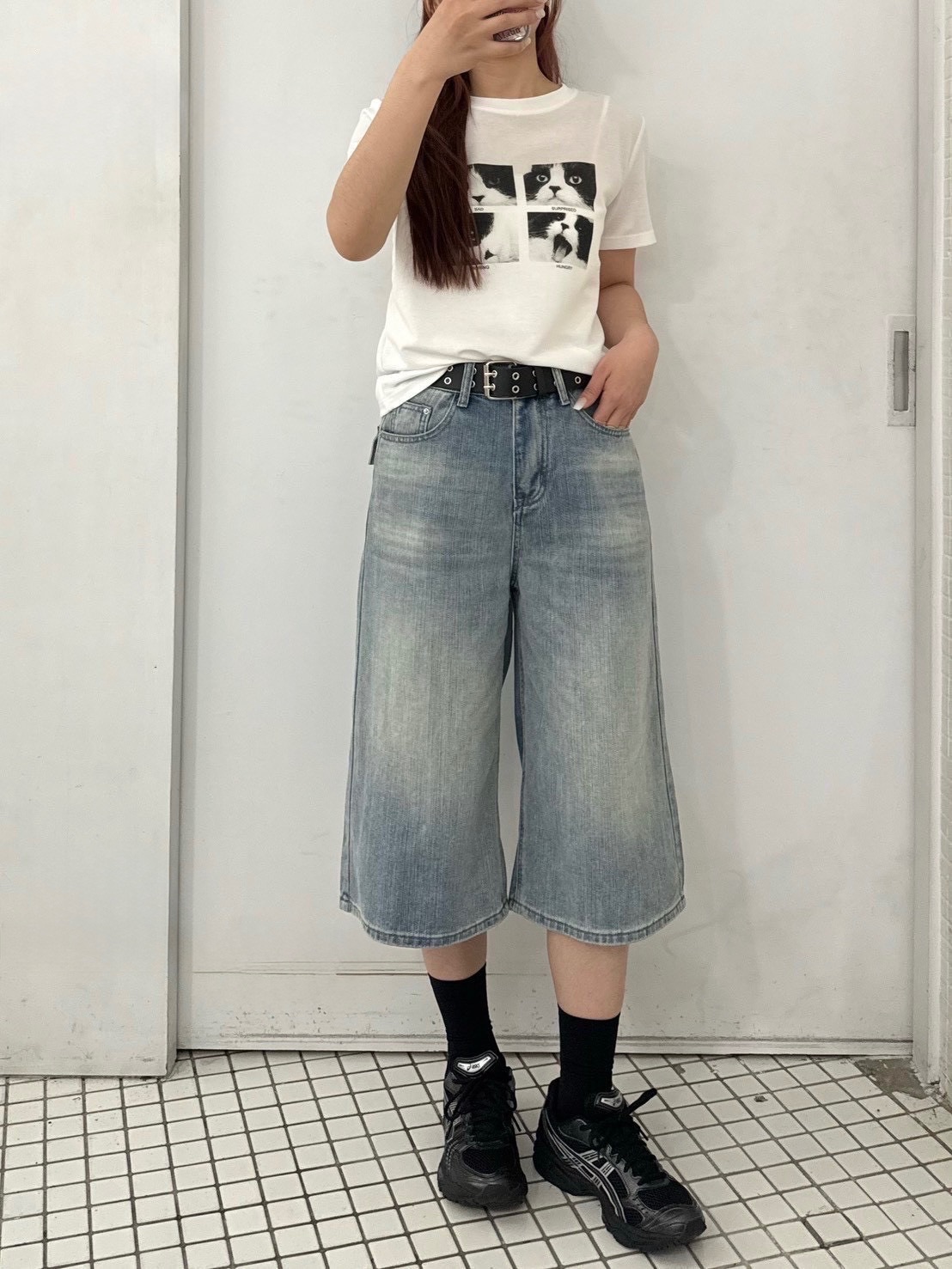#0388 復古刷附皮帶甜褲五分褲（2色）