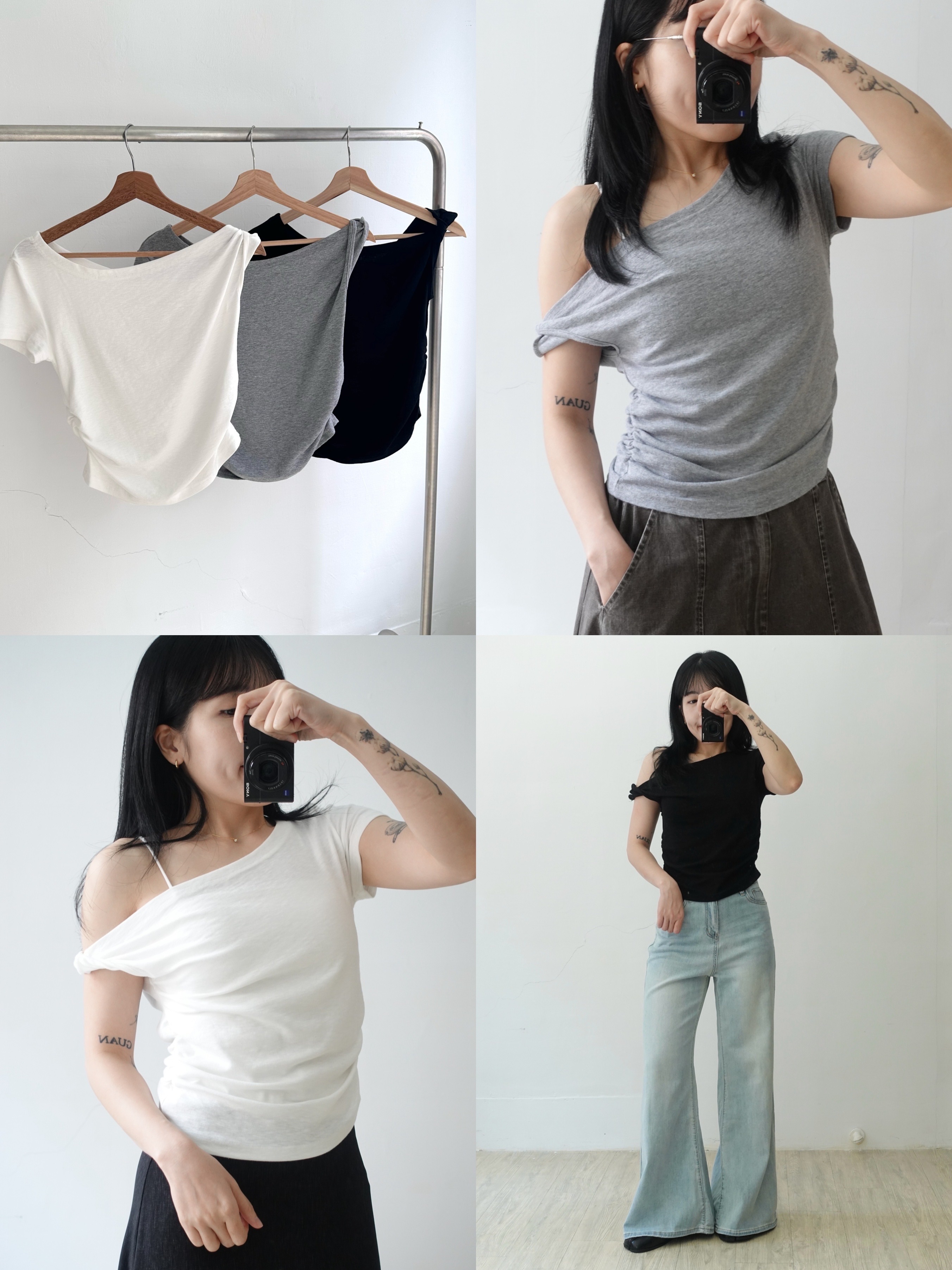 超好看氣質露鎖骨₊⁺꒰ঌ˶ᵒᵕ˂˶໒꒱⁺₊斜肩扭結不規則tee-3色