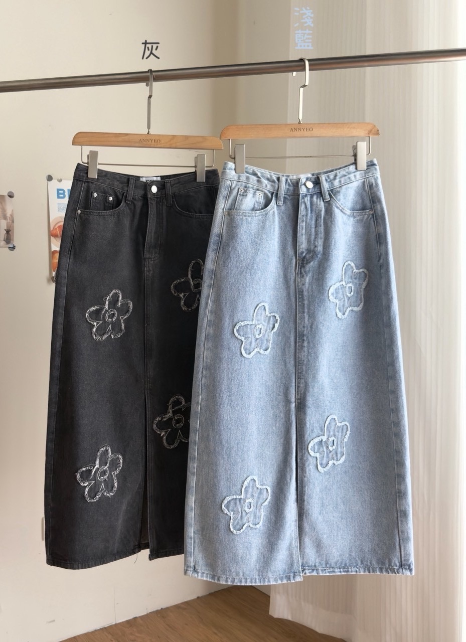 立體花花刺繡牛仔長裙