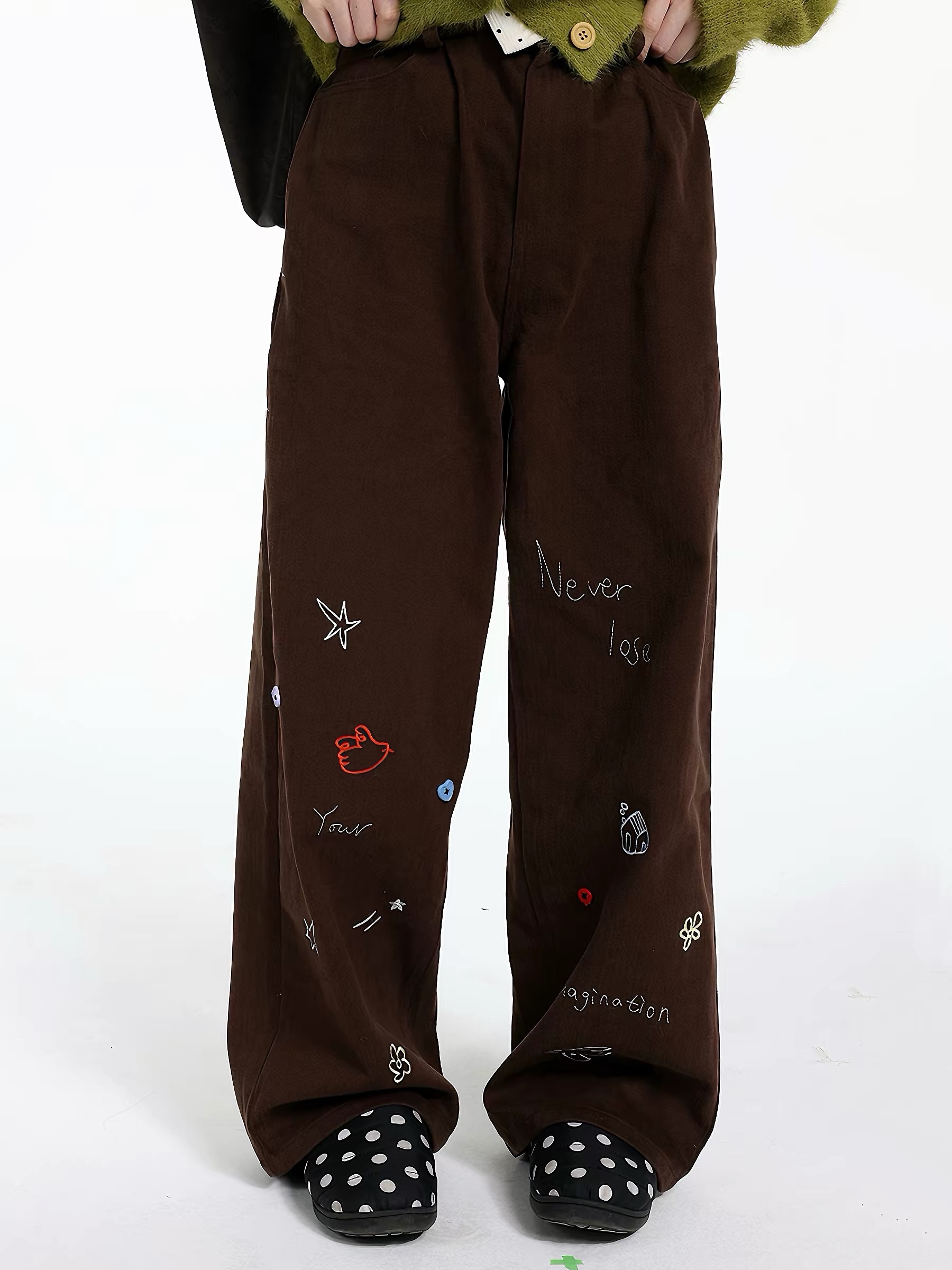 重工森系刺繡 咖色牛仔褲