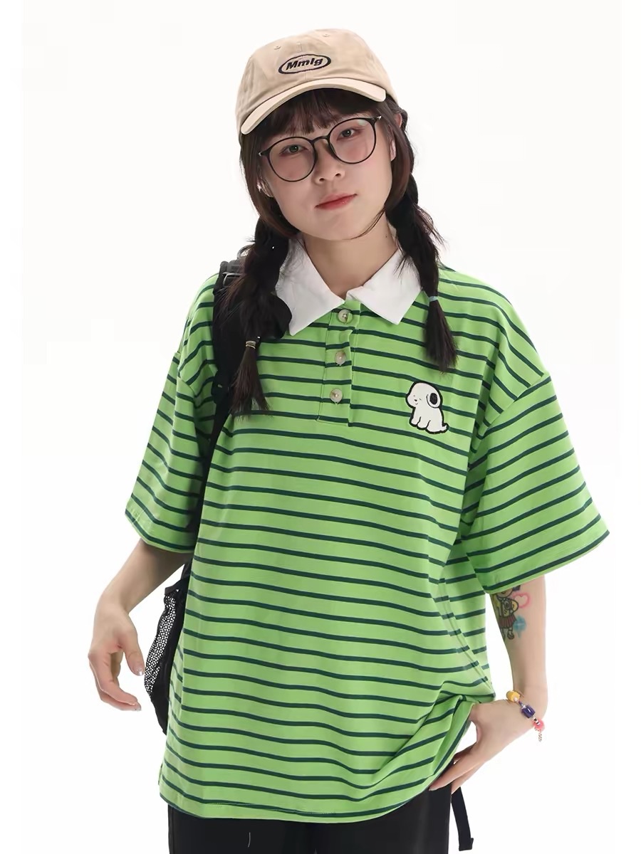 New🏖️ 透氣綠色條紋小狗刺繡polo