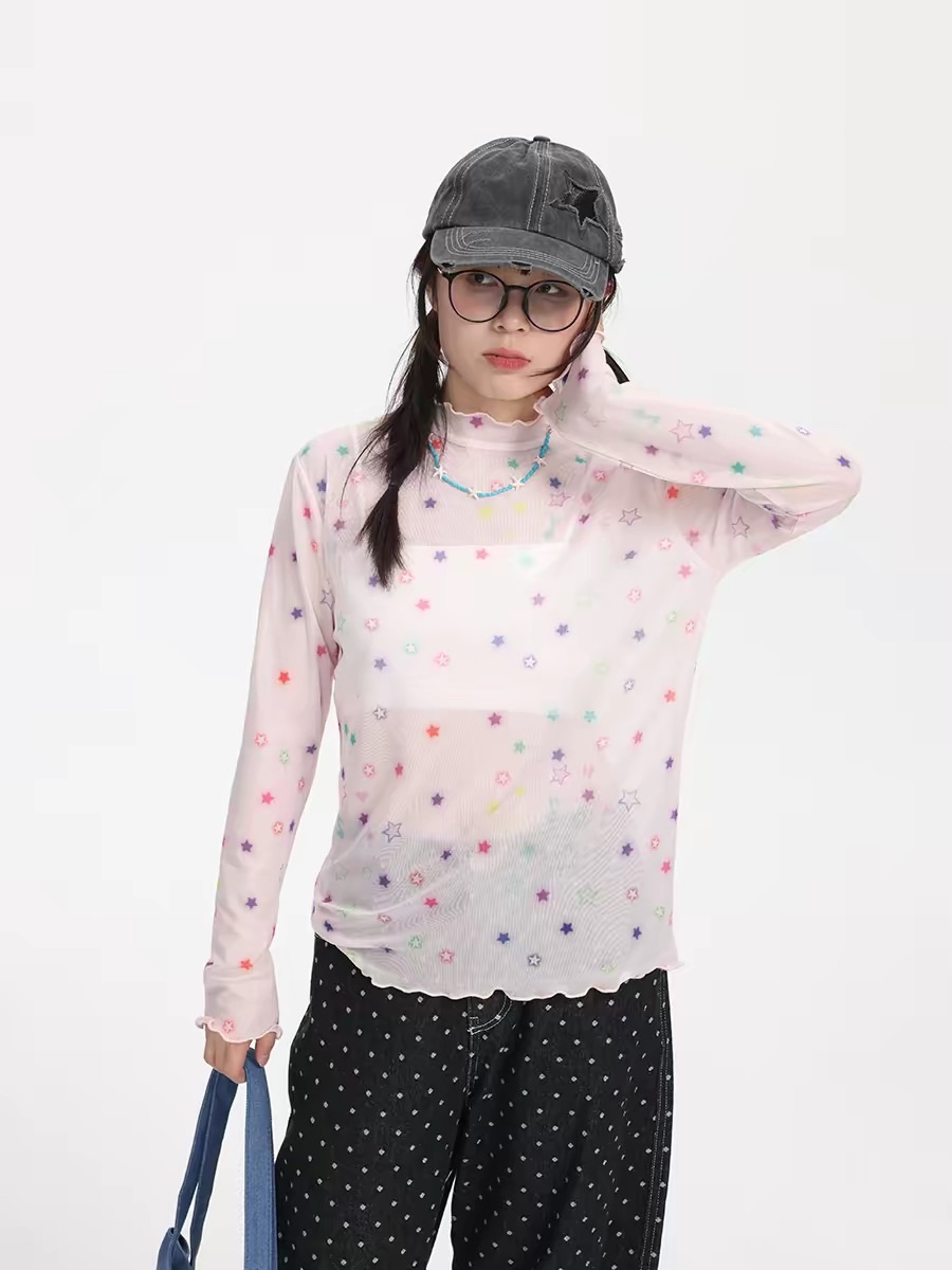 New🏖️ 涼感星星花邊網紗T