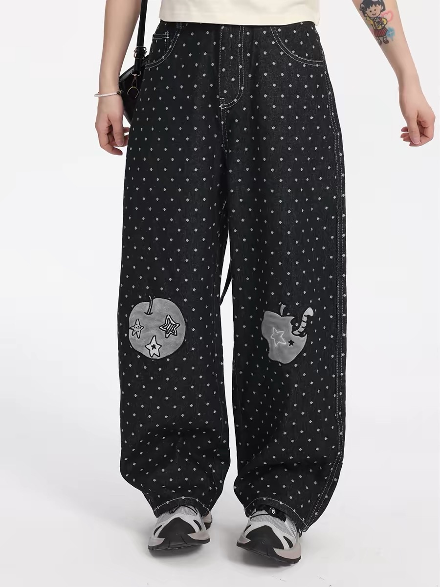 New🏖️ 波點星星蘋果 毛絨貼布刺繡牛仔褲