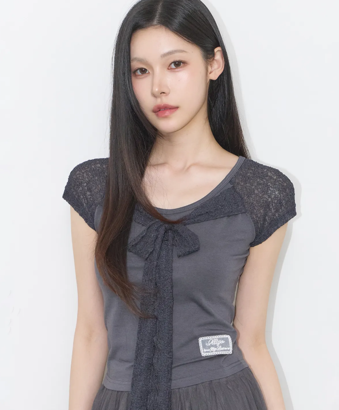 ILLIGO💫Lace Ribbon Color-block T-shirt 3color