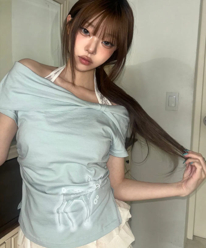 ILLIGO💫Saeso Deer Bow Off Shoulder T-shirt 3color