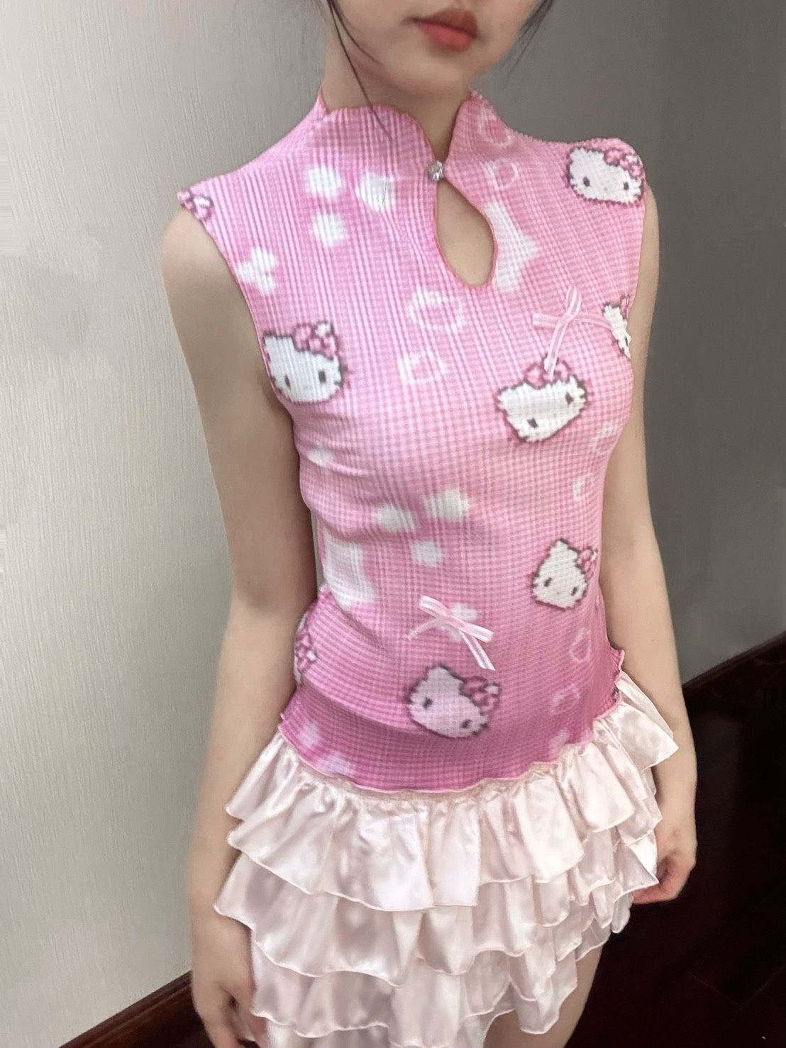 ꒰古早感粉嫩嫩Kitty蝴蝶結旗袍背心꒱