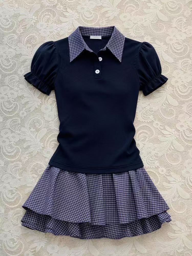 ꒰韓系甜美深藍POLO領泡泡袖套裝꒱上衣+短裙