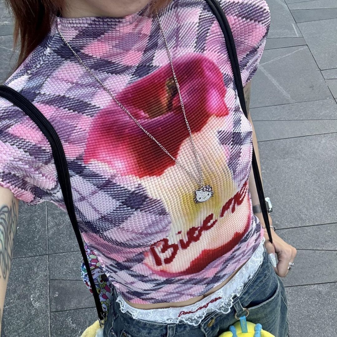 ꒰蘋果女孩鬼馬格紋褶皺上衣꒱