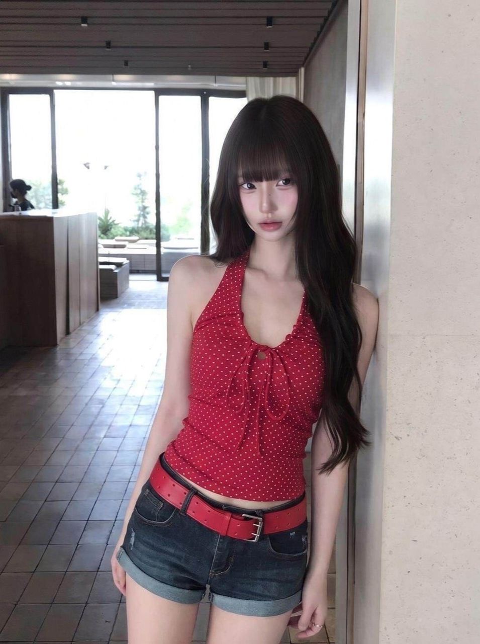 ꒰韓系紅色波點掛脖上衣꒱