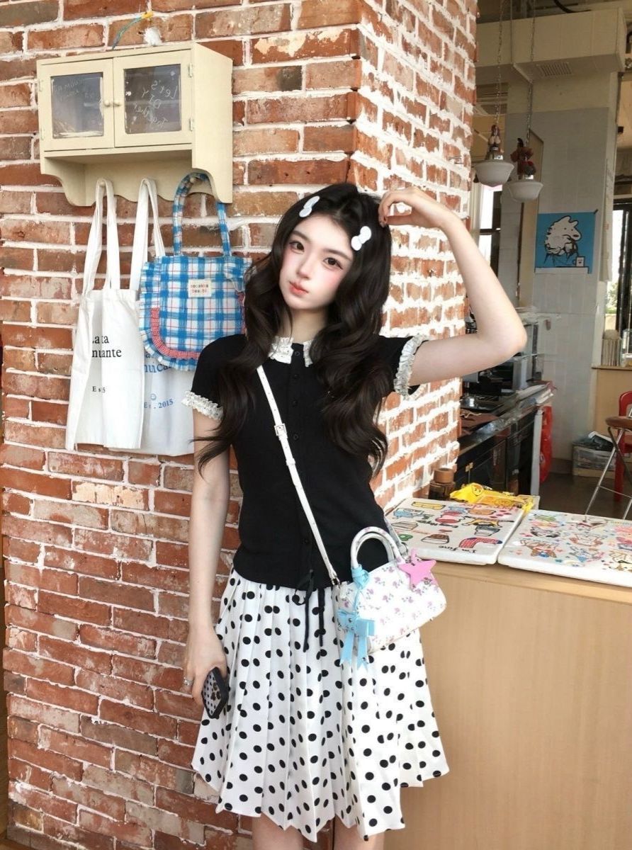 ꒰韓系甜美波點木耳邊套裝꒱上衣+裙子