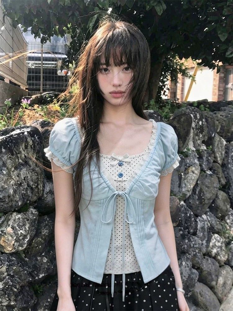 ꒰韓系甜美淺藍波點假兩件襯衫꒱