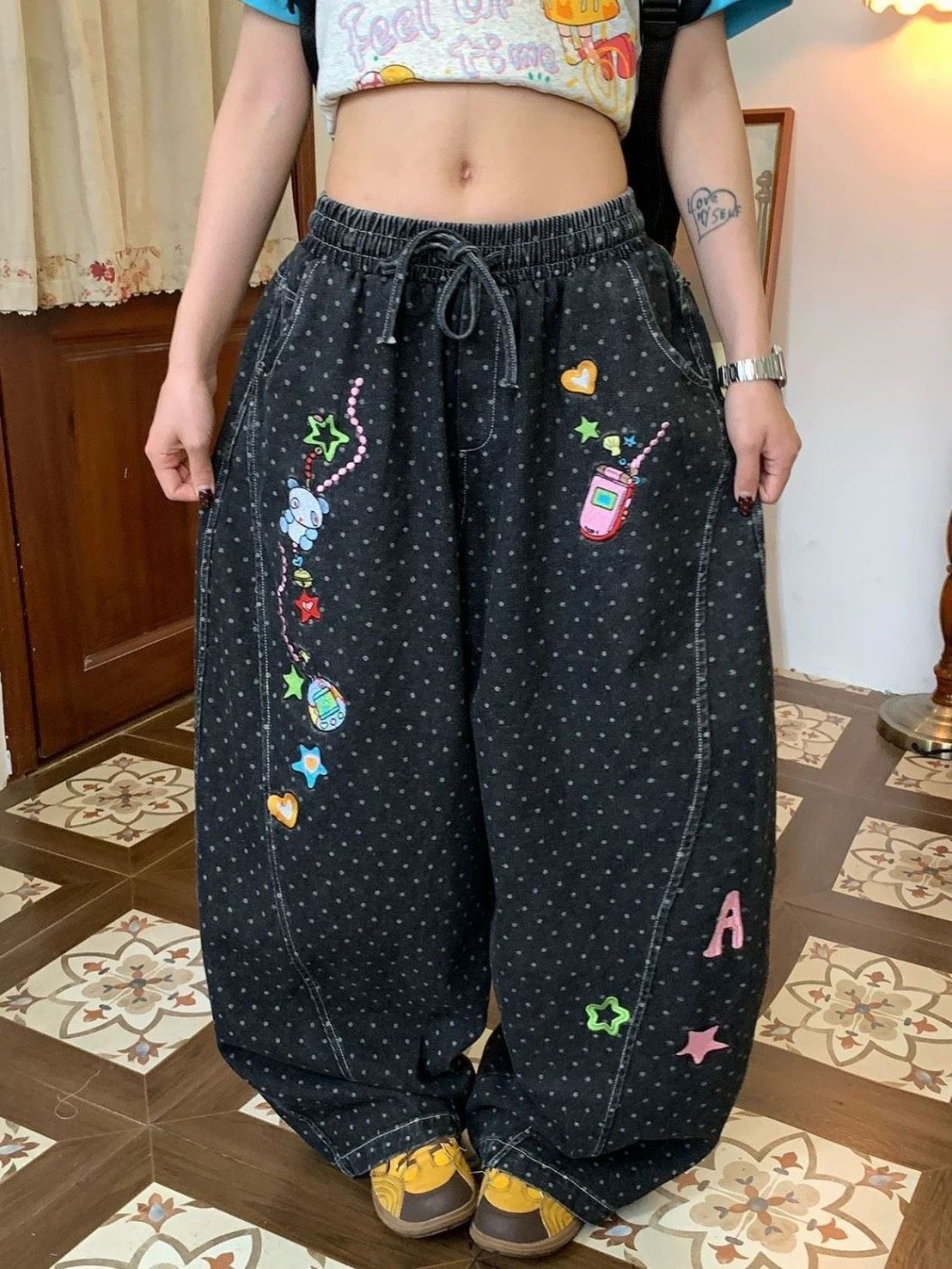 ꒰美式復古卡通刺繡波點寬鬆牛仔褲꒱