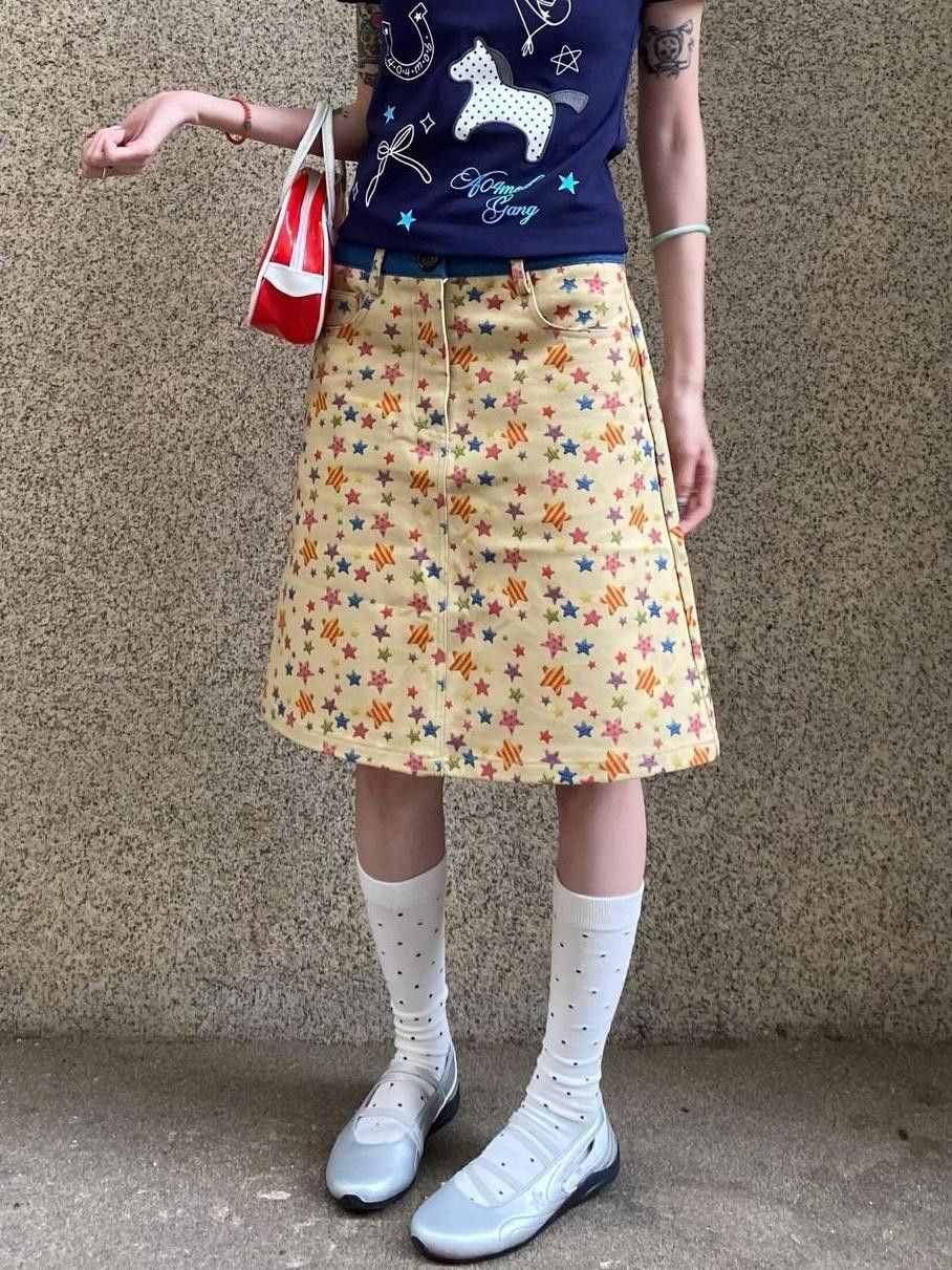꒰美式復古黃色滿印星星牛仔中裙꒱