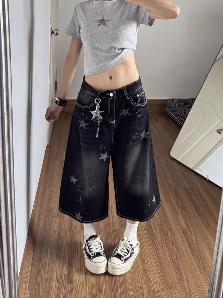 ꒰美式復古水洗星星牛仔七分褲꒱