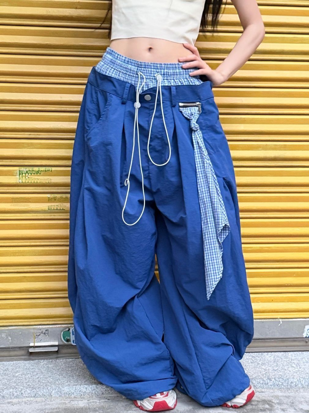 ꒰美式復古格紋拼接寬鬆傘兵褲꒱兩色