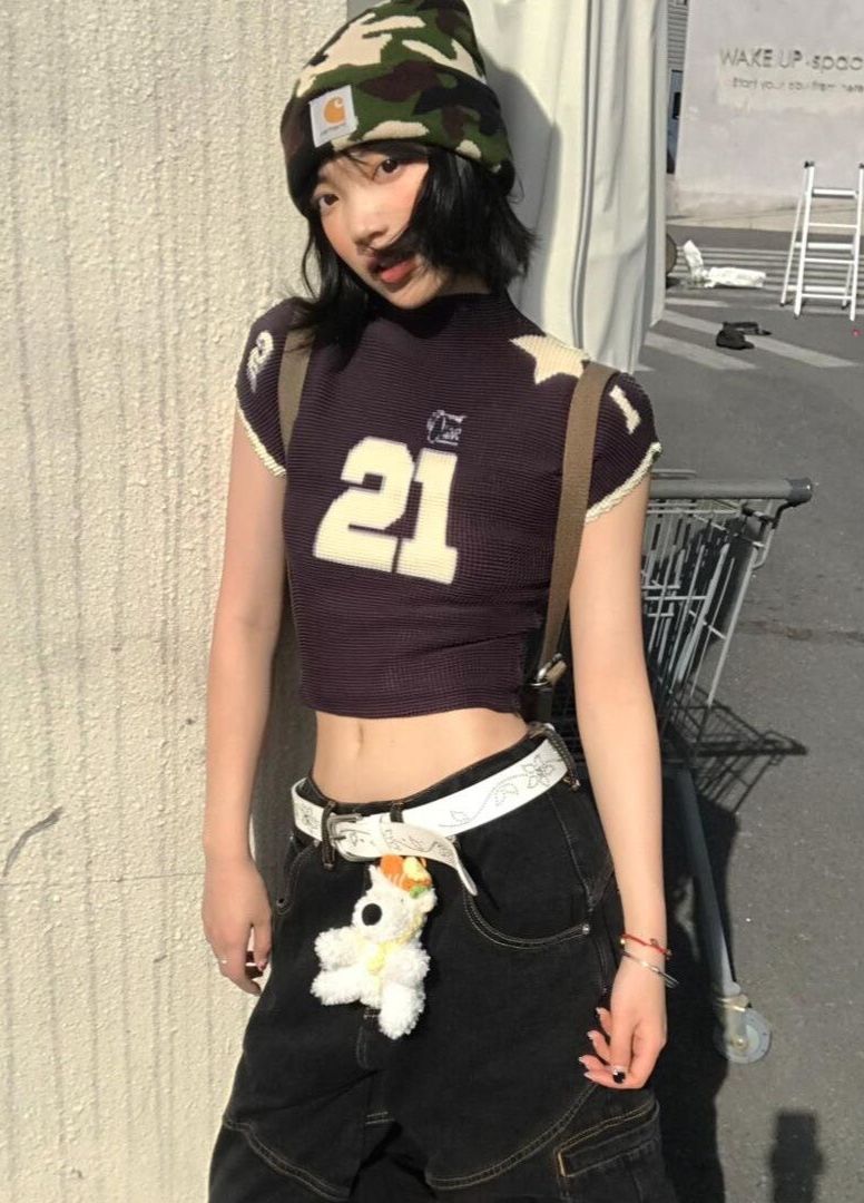 ꒰美式復古半高領星星字母褶皺上衣꒱