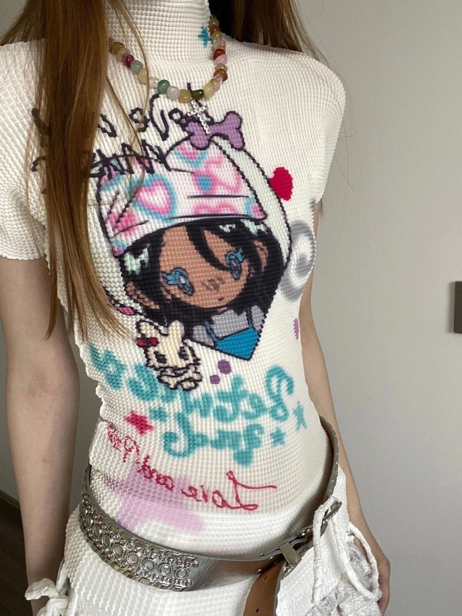 ꒰千禧塗鴉少女高領褶皺上衣꒱