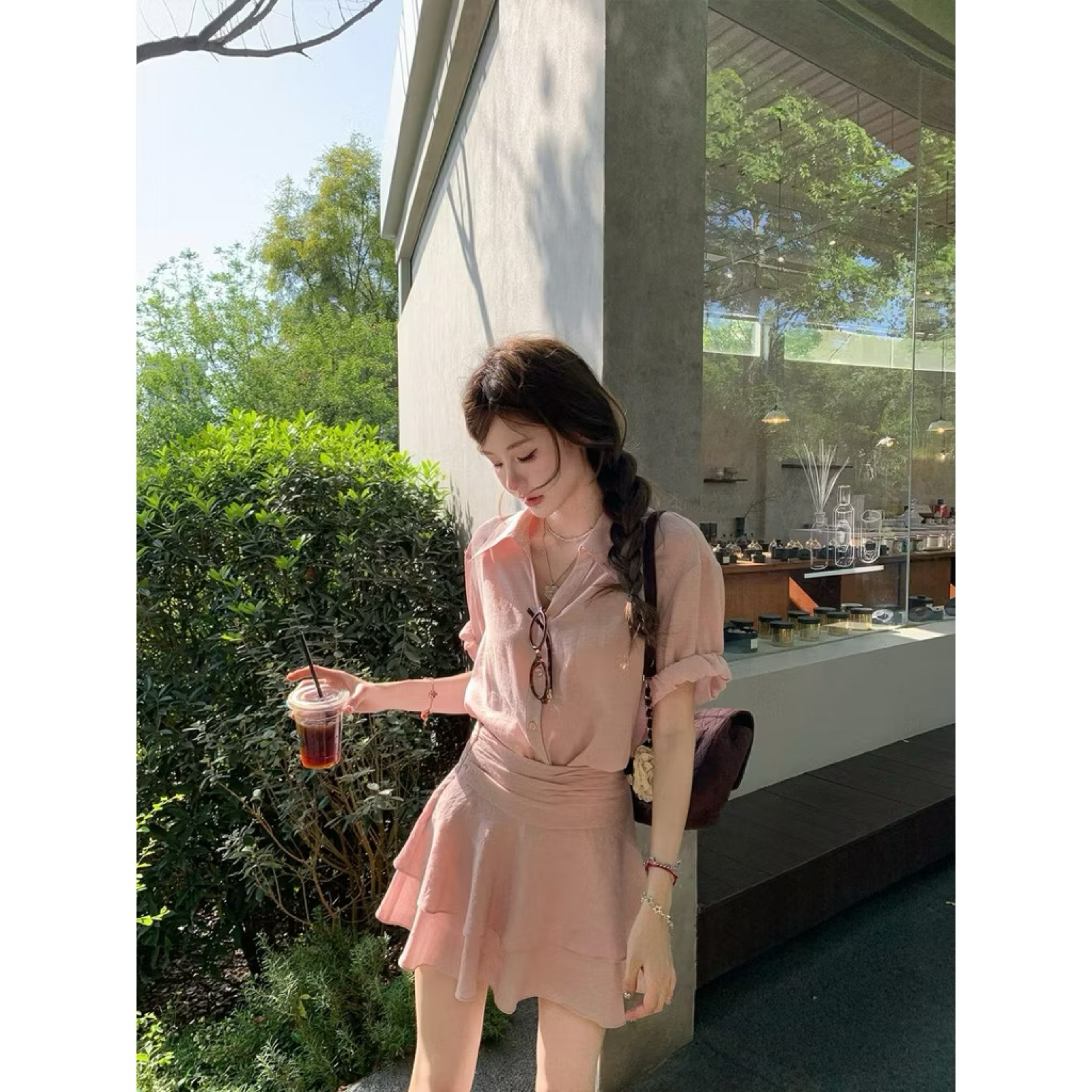 ✈️Acns Stores🌼現貨不用等💕韓系甜美風約會必品 超顯瘦上衣+高腰顯瘦短裙兩件套套裝