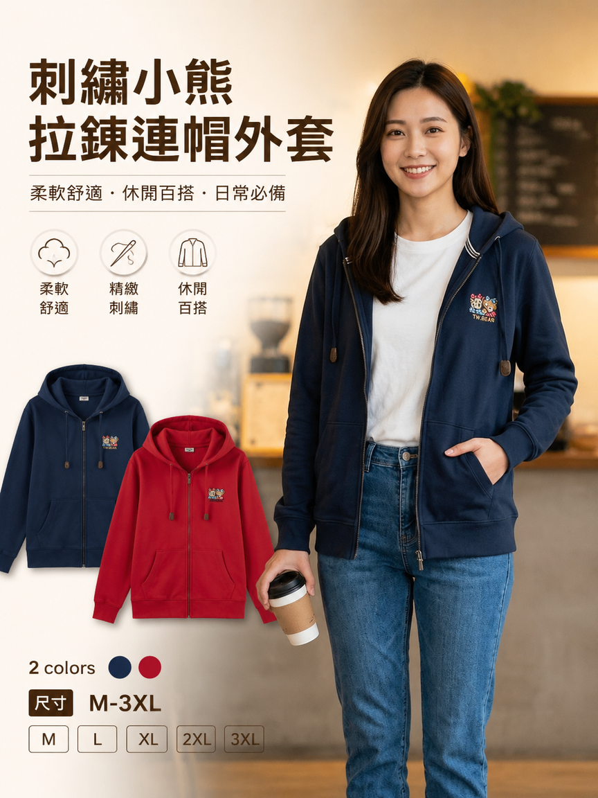 限量售完不補 ▶ 品牌設計款 刺繡小熊拉鍊連帽外套（建議40-65公斤穿）