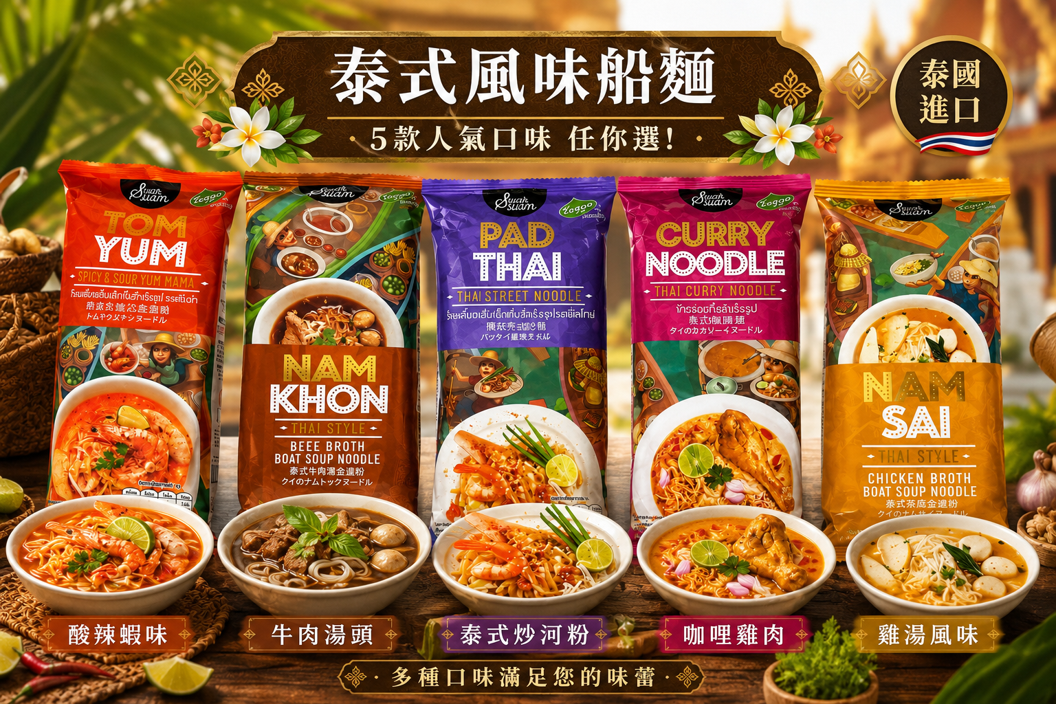 泰國經典泡麵 5種口味 冬蔭功麵 濃郁船麵 清湯船麵 泰式炒河粉 泰式咖哩麵 泰國泡麵 即食麵