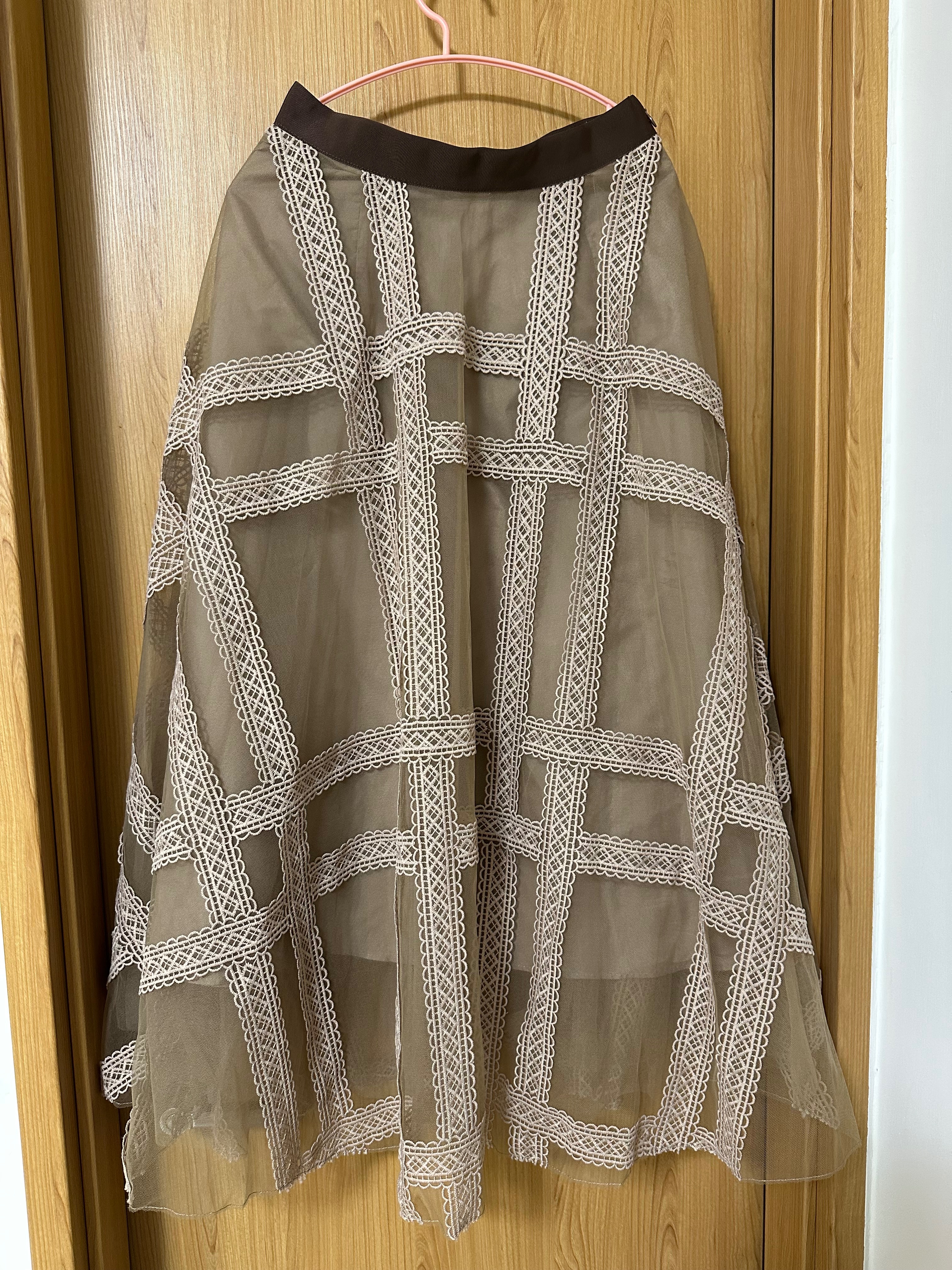 二手SNIDEL刺繡格紋蕾絲紗裙SWFS204106