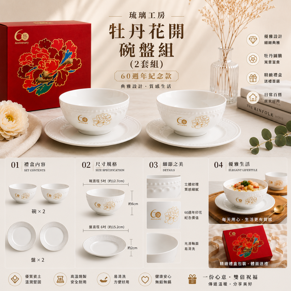 17、琉璃工房–牡丹花開碗盤組（2盒，共4碗4盤）